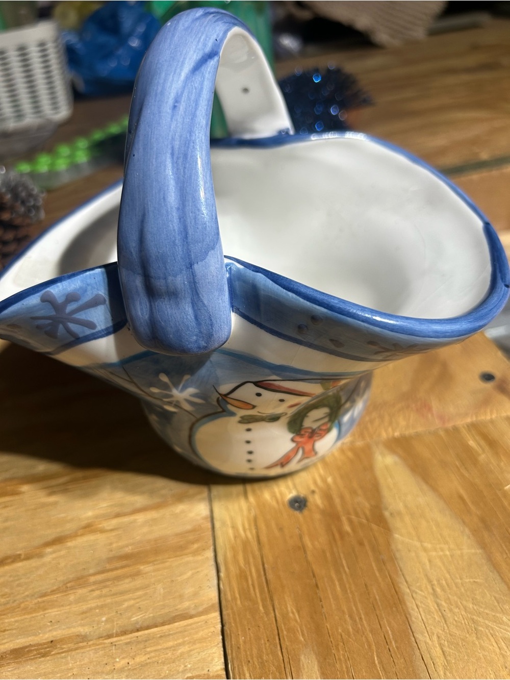 Blue Snowman Ceramic Pitcher - Hand-Painted Holiday Home Art